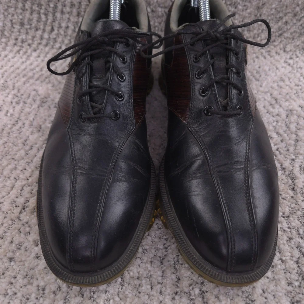 FootJoy DryJoys Tour Golf Shoes Mens Size 9 Black Brown Leather Lace Up Spikes